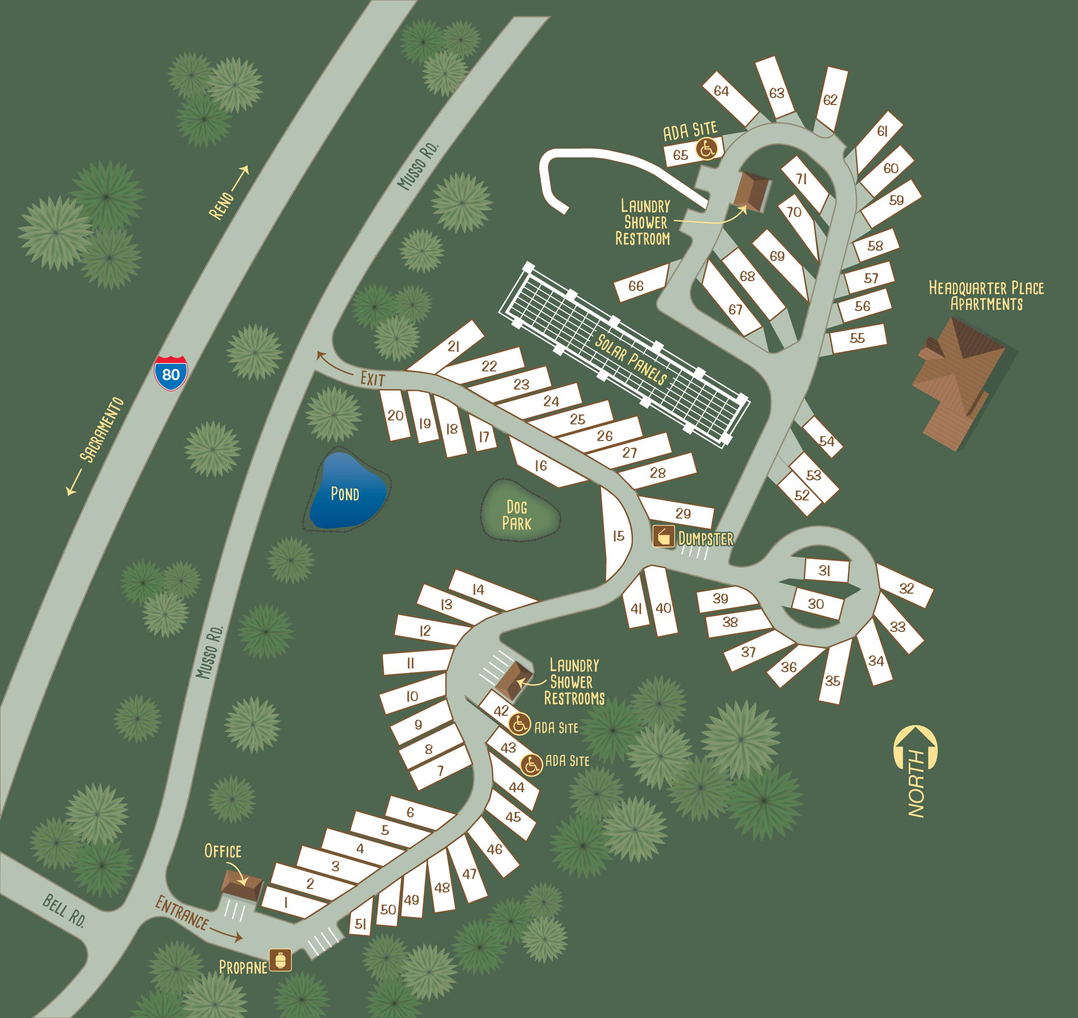 Resort map showing all 71 RV sites, the dog park, pond, laundry, shower and restroom locations