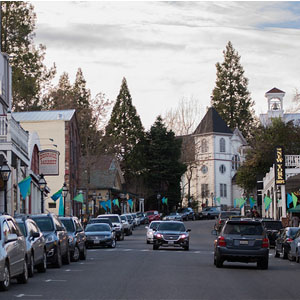 Historic brick storefronts on a Gold Country main street in Auburn, California