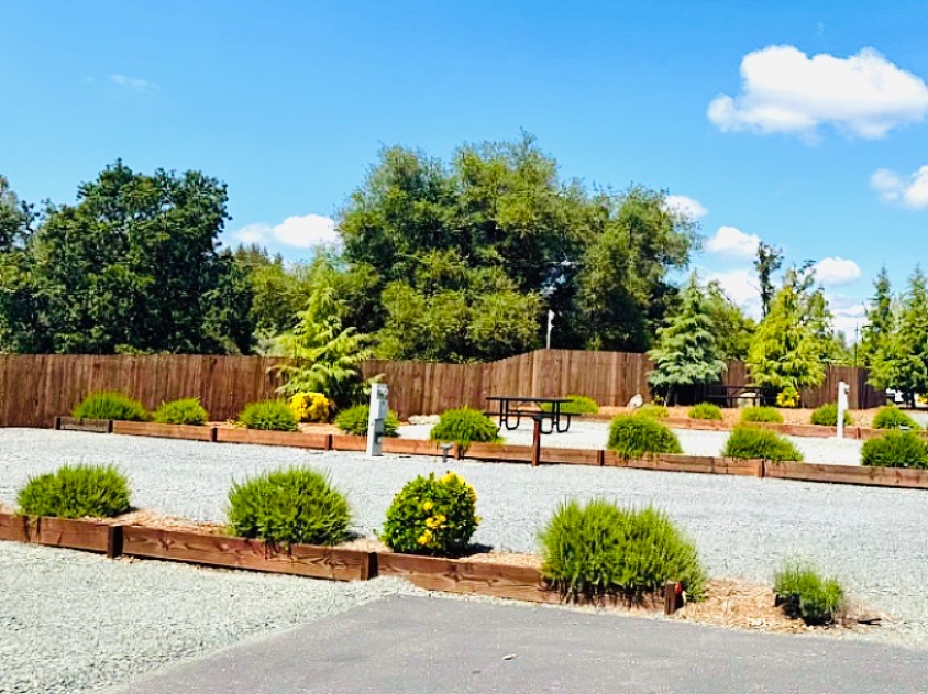 RV site utility post with full hookups and a gravel pad at Auburn RV Resort
