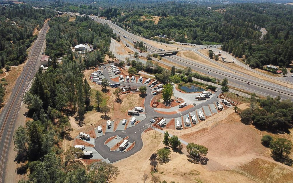 Aerial view of the resort grounds and landscaped RV sites at Auburn RV Resort