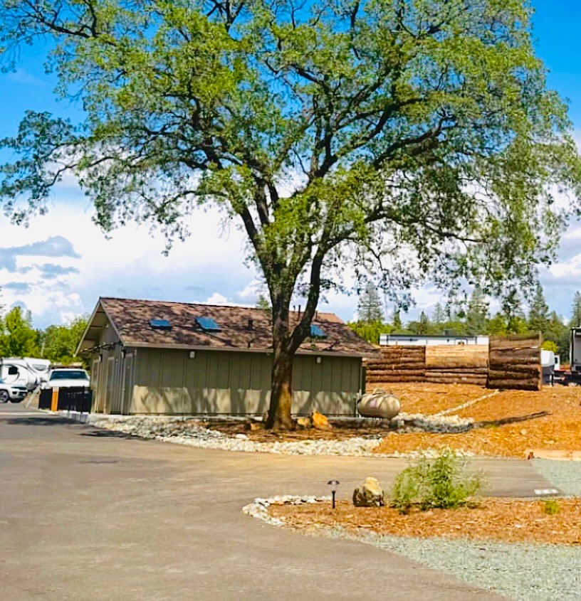 Resort bathhouse and clubhouse building shaded by a large oak tree